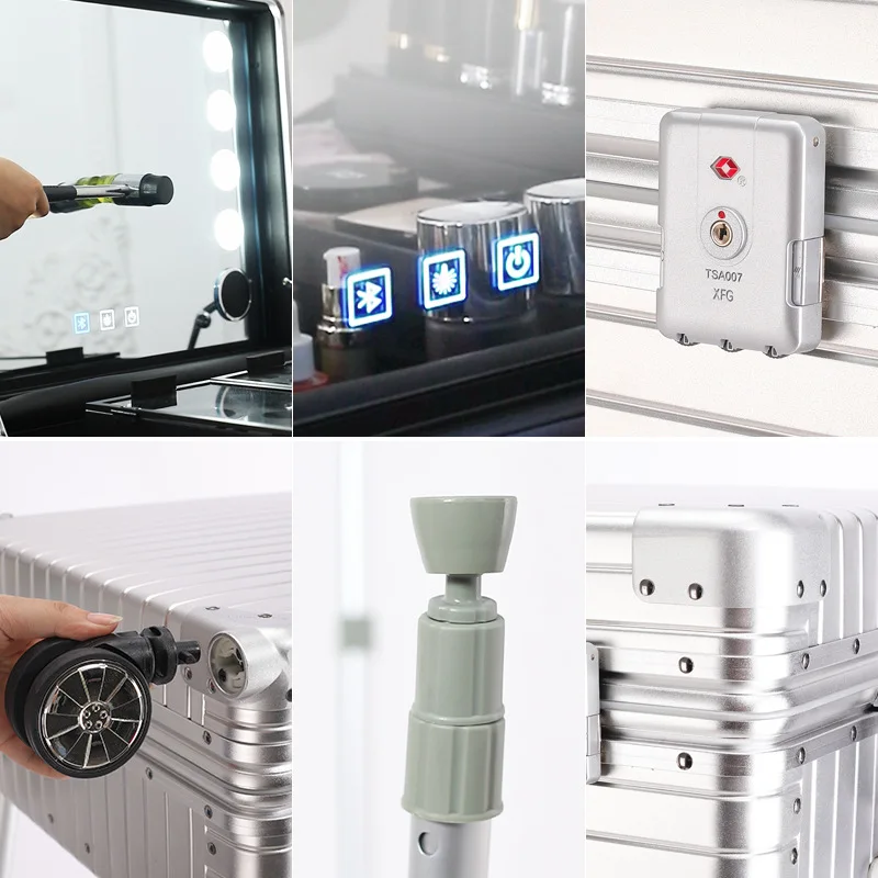 high quality Train Cosmetic case with light bulb Aluminum makeup case Rolling Studio Makeup Artist Cosmetic Case Light Mirror