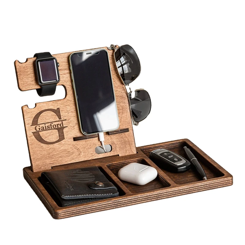 Personalized Mens Wood Valet Box /tray / Organizer Wooden Phone Stand Docking Station Tray Storage Holders & Racks Multifunction