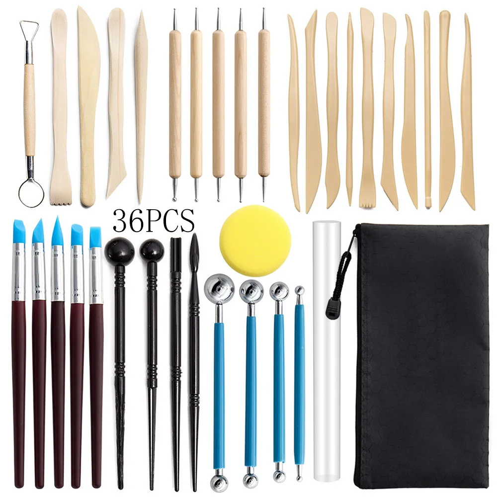 Ceramic Tools 36 Piece Set Stone Plastic Clay Carving Knife Silicone Dot Drill Pen Acrylic Stick Rolling Pin