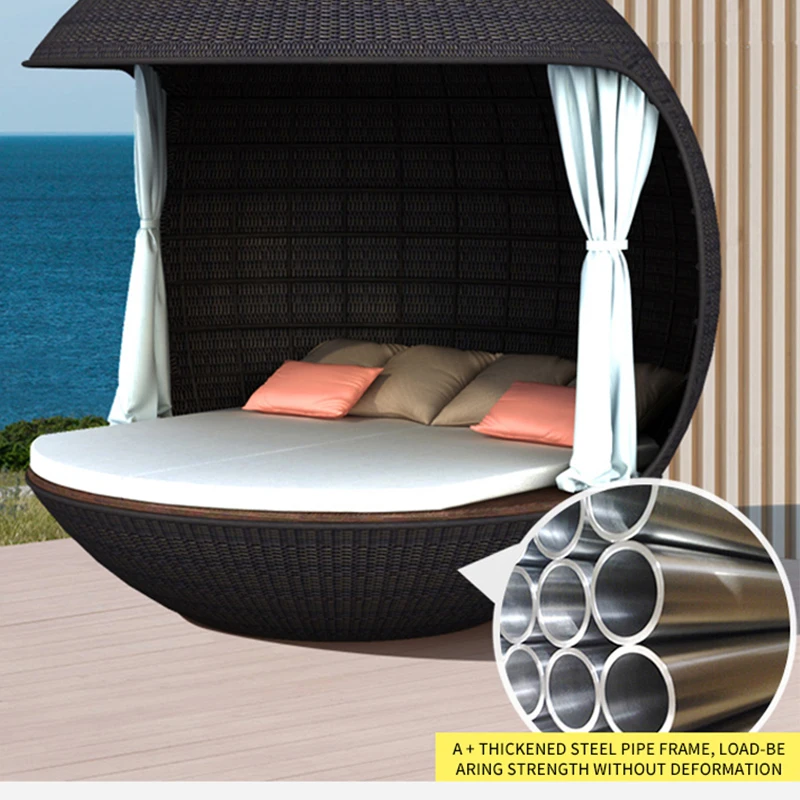 Outdoor bed sofa bed sun room rattan woven creative round bed beach pool villa courtyard Nordic loungers