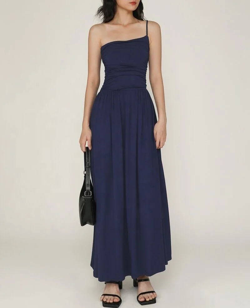 2024 Custom Dark Blue Charm Sleeveless One-Shoulder Spaghetti Strap Pleated Clothing Elegant Drape Slim Woman Dresses Daily Wear