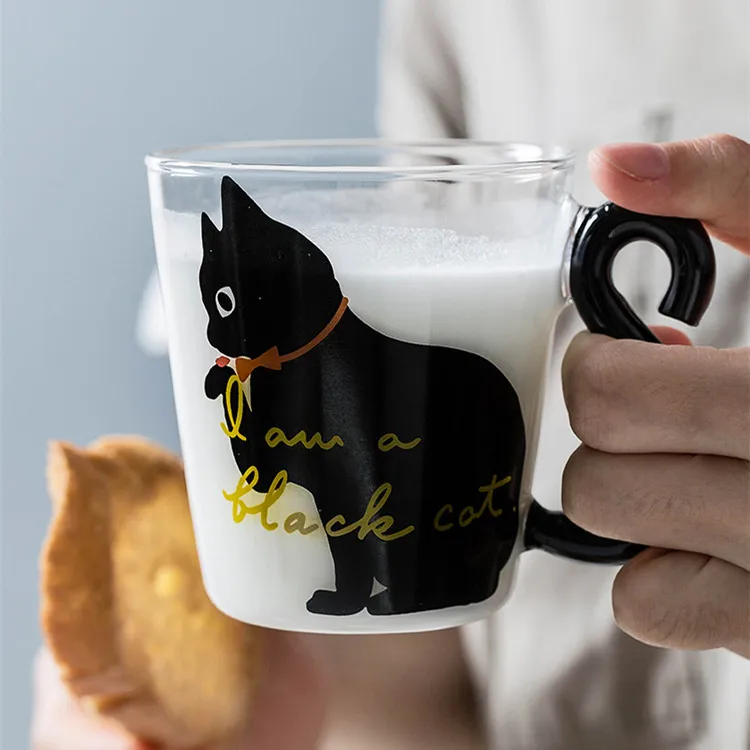 Wholesale animal design novelty gifts for women girls ,Hand blown Single wall borosilicate glass milk cup cute cat mug