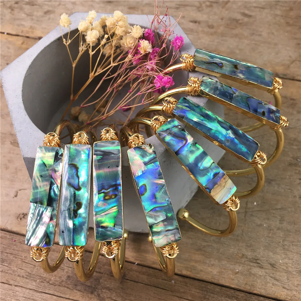 LS-A2861 Amazing fashion natural abalone shell bangle,high quality gold plated wire wrap bangle cuff bracelet jewelry