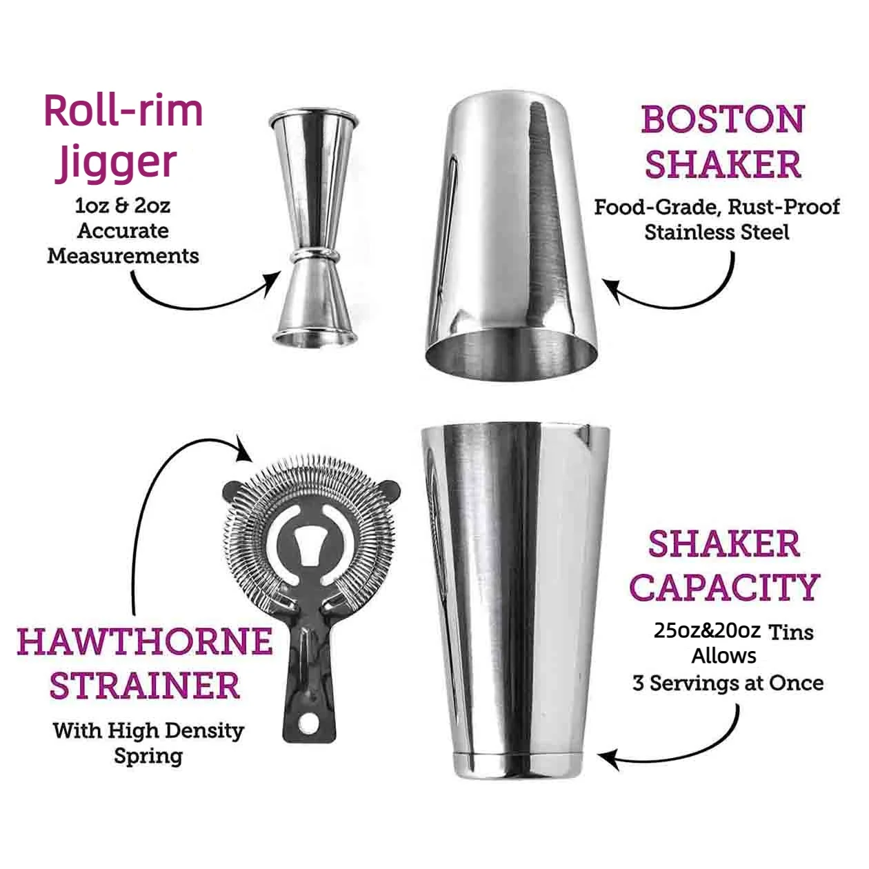 CAMOL Factory Direct Mixology Cocktail Shaker Boston Shaker Set for Drink Mixer 5 Pieces Bartending Kit