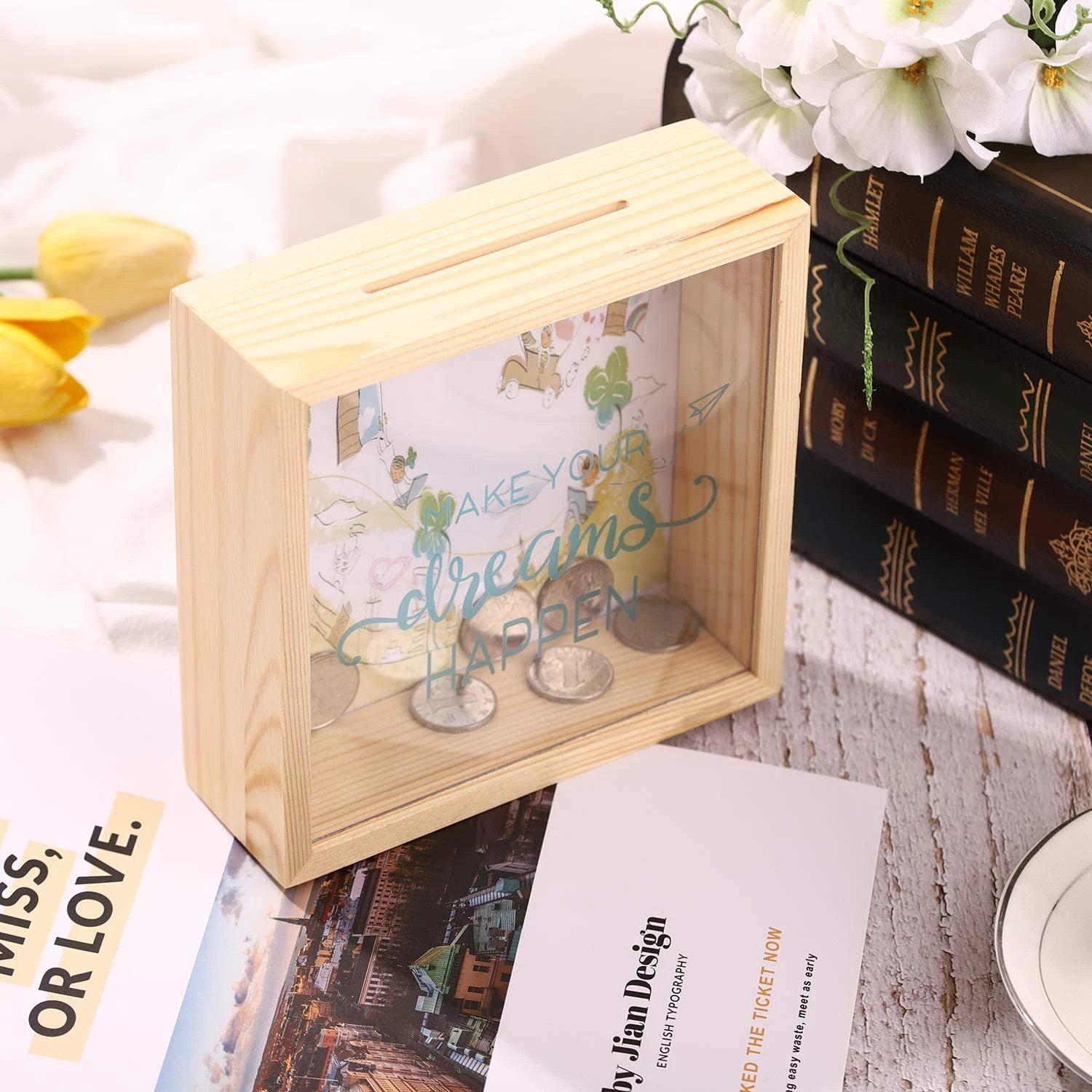Adults Coin Cash Money Saving Box Decorative Shadow Box Wooden Frame Piggy Bank Glass Natural Windows for Kids with Transparent