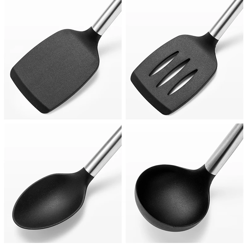 Heat resistant non-stick beech wood kitchen utensil set wooden handle silicone kitchen utensil set cooking tools stainless steel