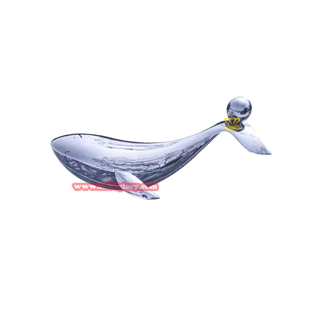 Indoor outdoor Decor design Sculpture marble base metal Stainless Steel Whale Fish statue
