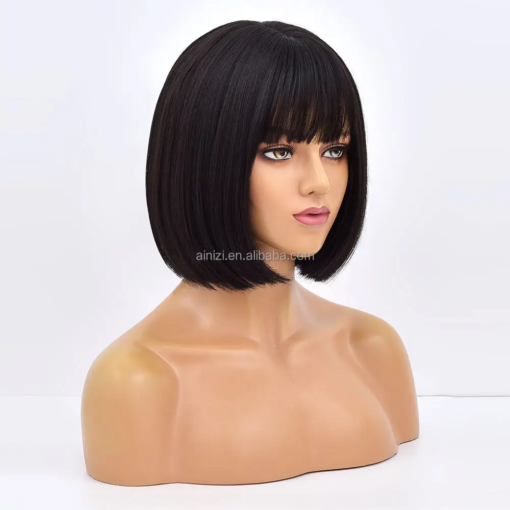12' short bob black machine made elegant fashion synthetic hair wigs with bangs for women