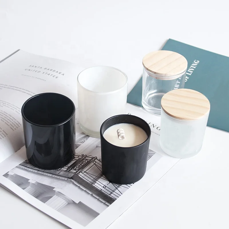  Wholesale candle jars 8 oz 9 12 Luxury Empty White And Black Frosted Candle Jars Glass with Wooden