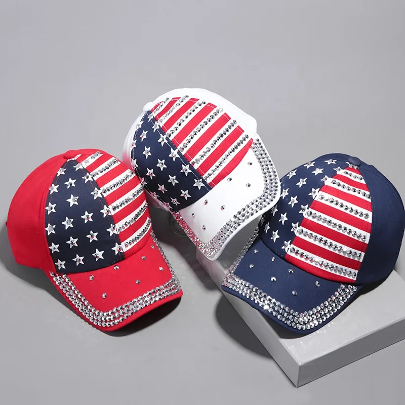 New Design Rhinestone America Flag Hat Casual Diamond USA Baseball Hat