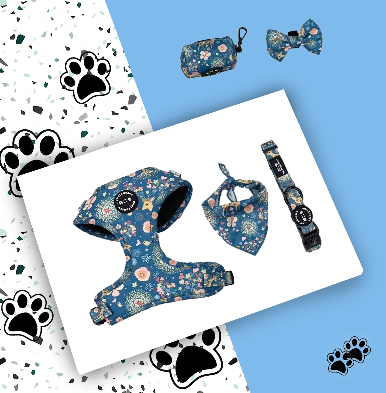 Dog harness reversible neoprene Set custom dog vest pet leash collar poop bag holder pet accessories white plastic buckle