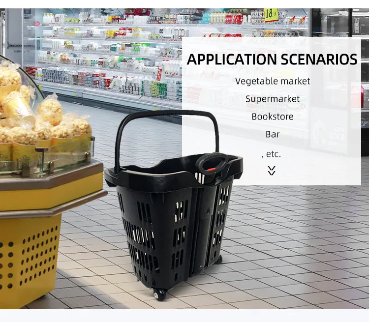 Large Capacity Supermarket Round Rolling Plastic Shopping Basket with Wheels