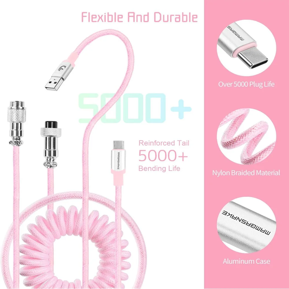 Custom Coiled Pilot Cable Type C to USB-A with Detachable Aviation Connector for Mechanical Gaming Keyboard
