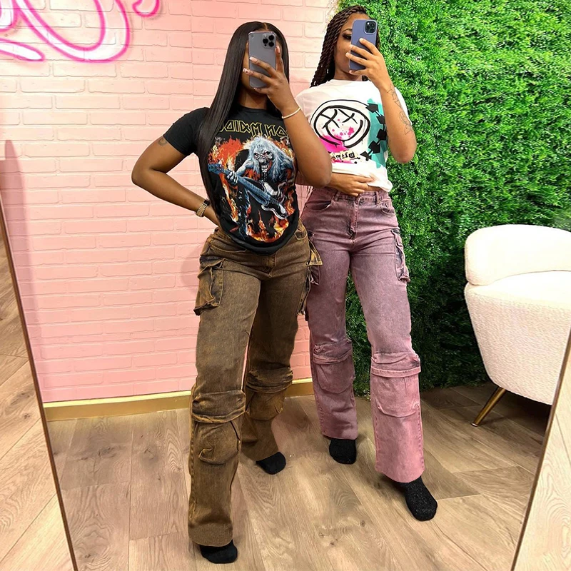 Kliou K23PT003 Y2k Pockets Cargo Pants Women Baggy Pants Streetwear Harajuku Vintage Casual Loose Straight Denim Trousers