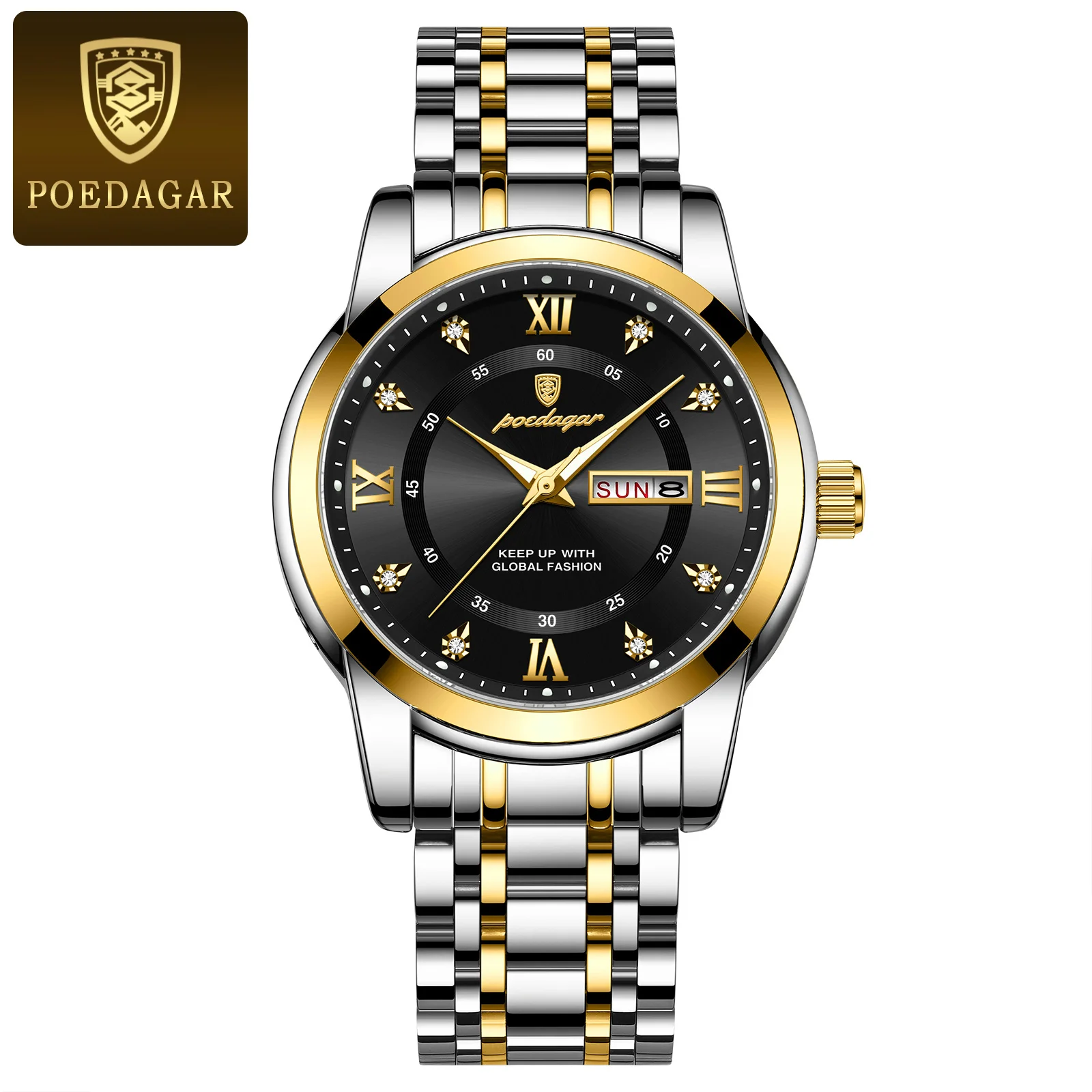 POEDAGAR 936 Fashion Casual Men Watch Waterproof Luminous Quartz Watches Stainless Steel Strap Calendar Watch for Men