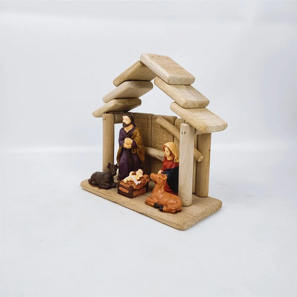 Christmas Nativity Set with Wooden Stable and Polyresin Figurines