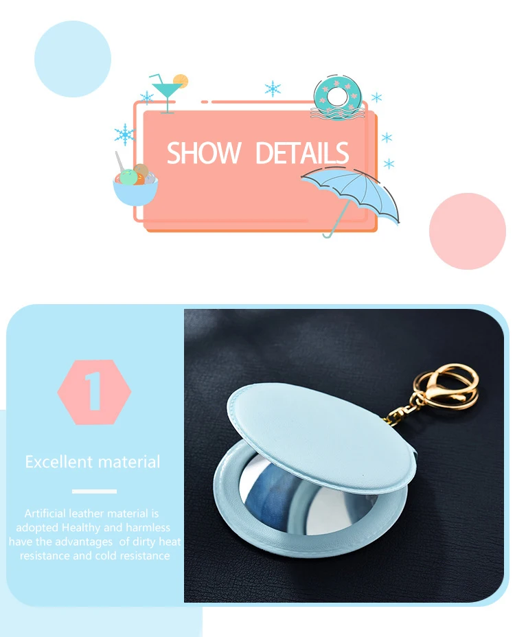 Makeup Mirror PU Small round Mirror Keychain Double-Sided Folding Mirror decorations Makeup Promotion Gift Custom Logo Keychain