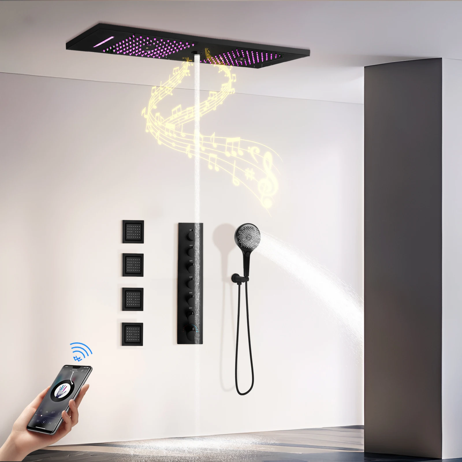 Music LED 36*12 inch Shower Head Bathroom Thermostatic Rain Waterfall Mist Black LED Shower Faucet system