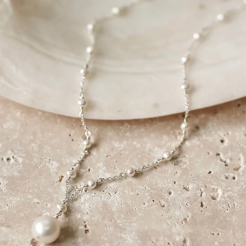 Custom handmade jewellery dainty pearl necklace silver pearl necklace fresh water pearl necklace for women silver jewelry