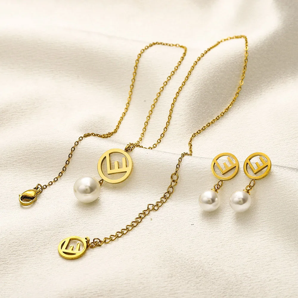 Designer Luxury Brand Stainless Steel Necklace & Earrings Set with Pearl 18K Gold Plating for Wedding Engagement Gift Giving