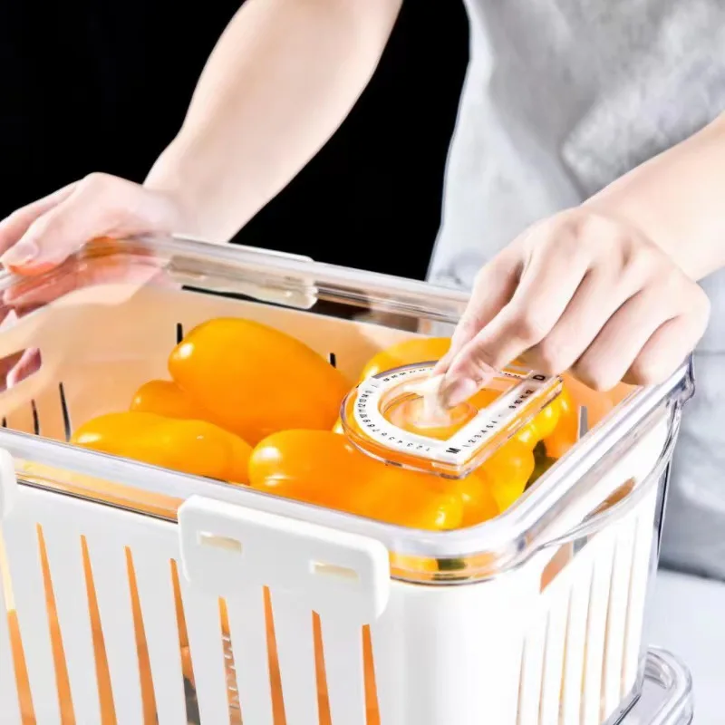 OWNSWING PET Refrigerator Food Container For Fruit Plastic Food Storage Box With Drain Basket Fridge Storage Bin With Timer