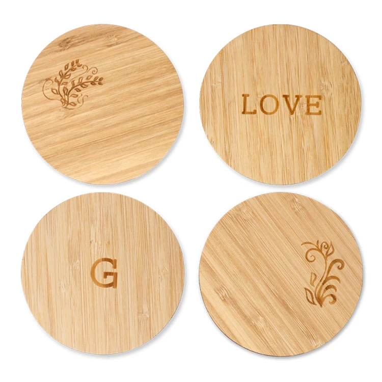 Laser cut and laser engraved round Bamboo wood cup coaster for drink