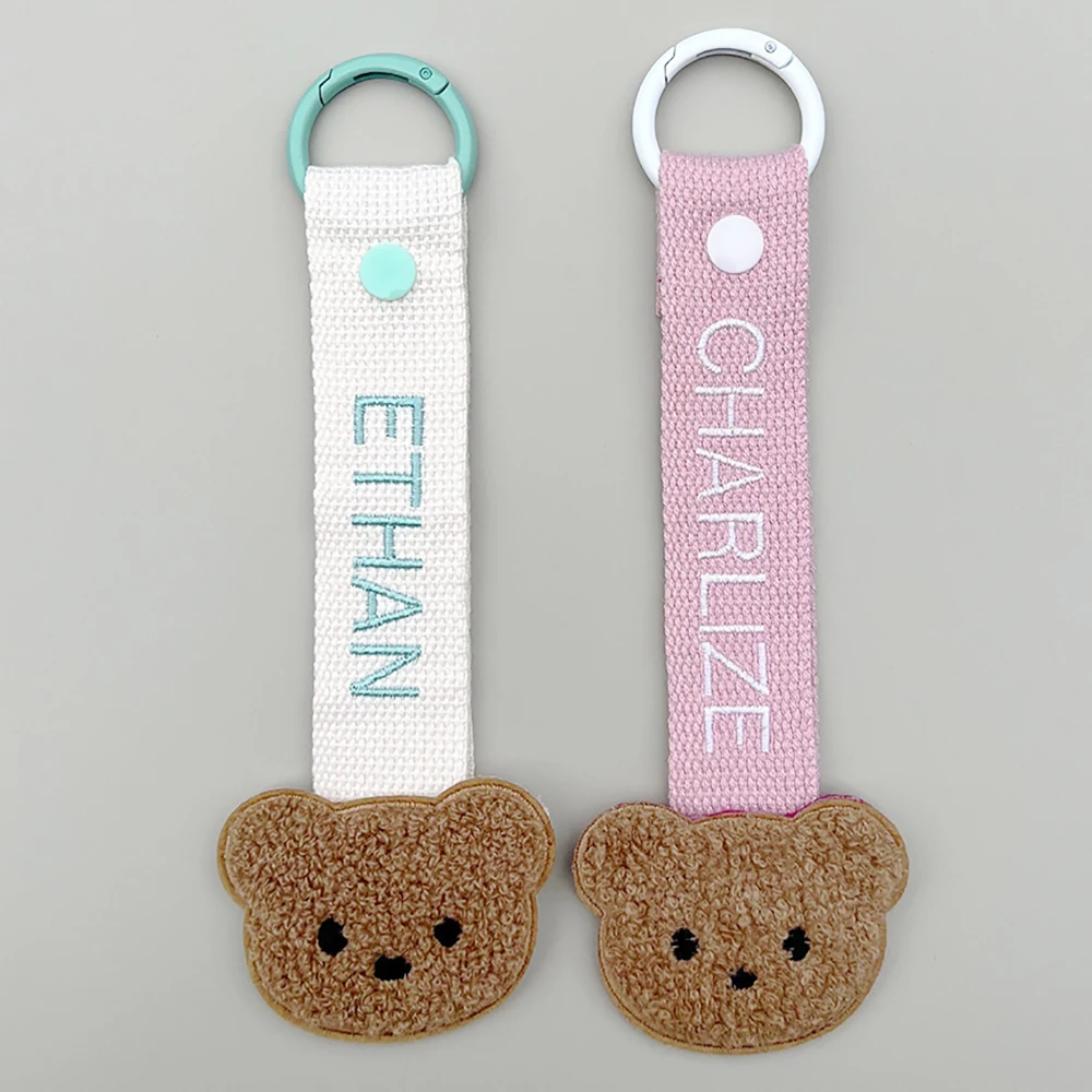 Personalized Custom Embroidered Initial Tag Birthday Gift Luggage Tag Keyring Canvas Webbing Keychain Bear Theme Kids Name Tag