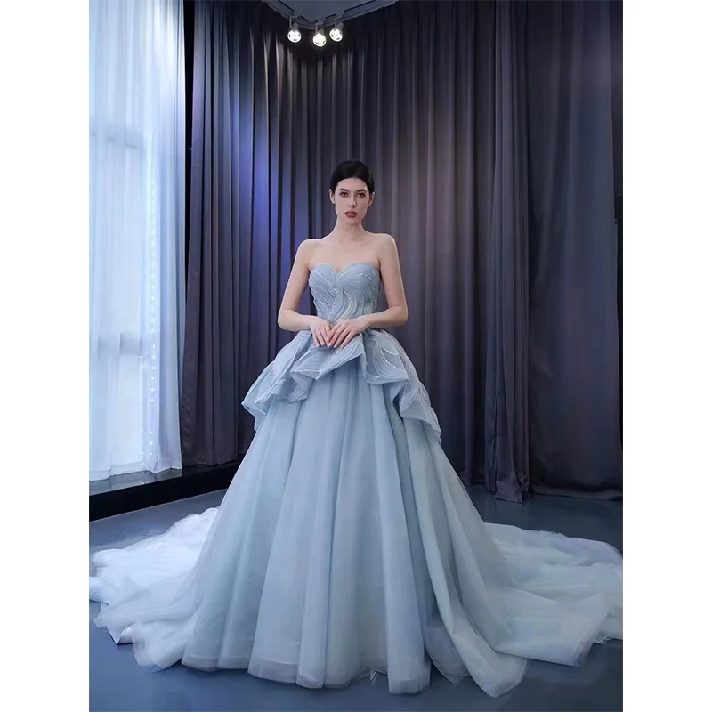 Manufacturer Women Sleeveless Grey Blue Prom Dresses Alibaba Girls Beaded Ruffles Long Fancy Wedding Evening Party Ball Gown