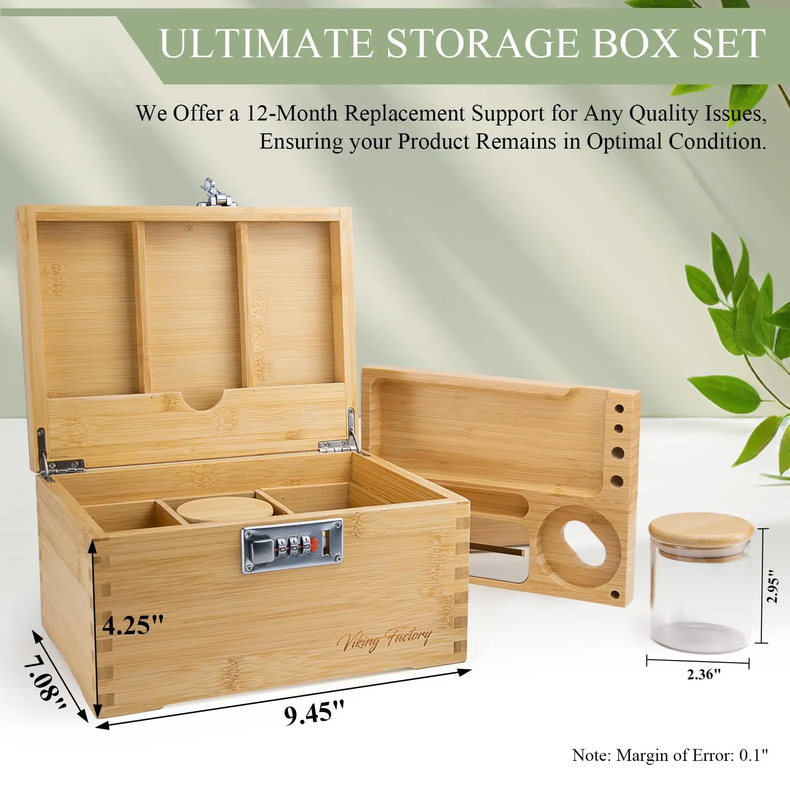 Large Bamboo Box Tray Set with Combination Lock, Lockable Home Decorative Box, Upgrade Tray | Glass Jars | Accessory Tool