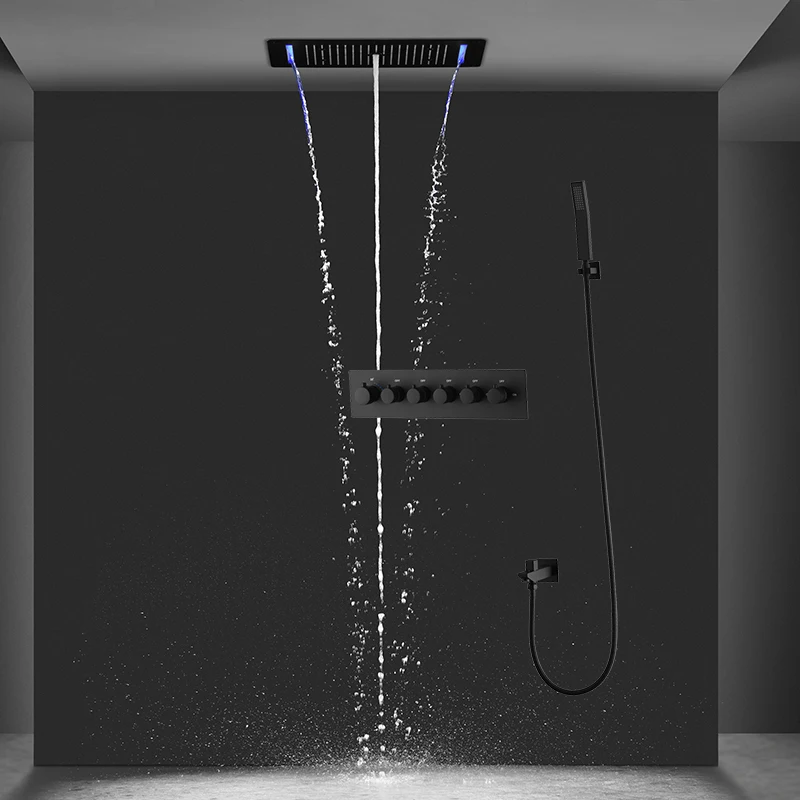 Bathroom Matt black Shower Set Waterfall Rainfall Massage Ceiling LED Shower Head Panel With Thermostatic Mixer Diverter Faucets