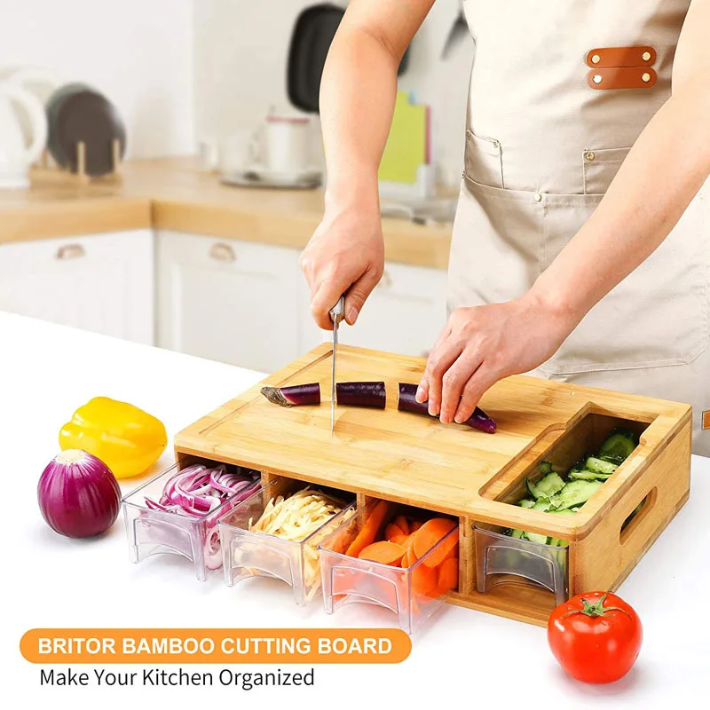 Bamboo Cutting Board with Containers Wood Chopping Board with Stackable Trays Vegetable Shredders