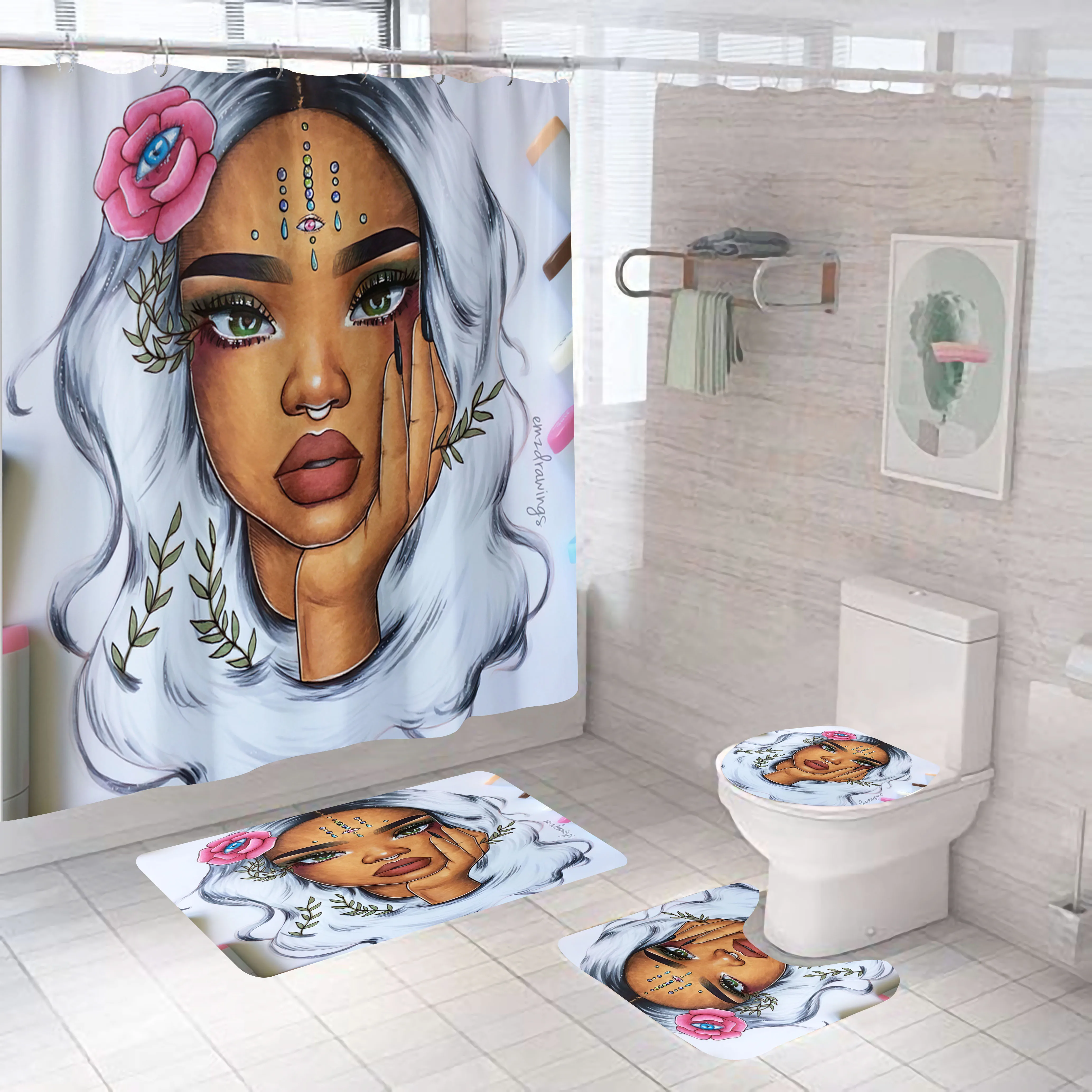 
4PCS Sexy Black Girl Magic Shower Curtain with Bathroom Mats Customized Bathroom Curtain Set 