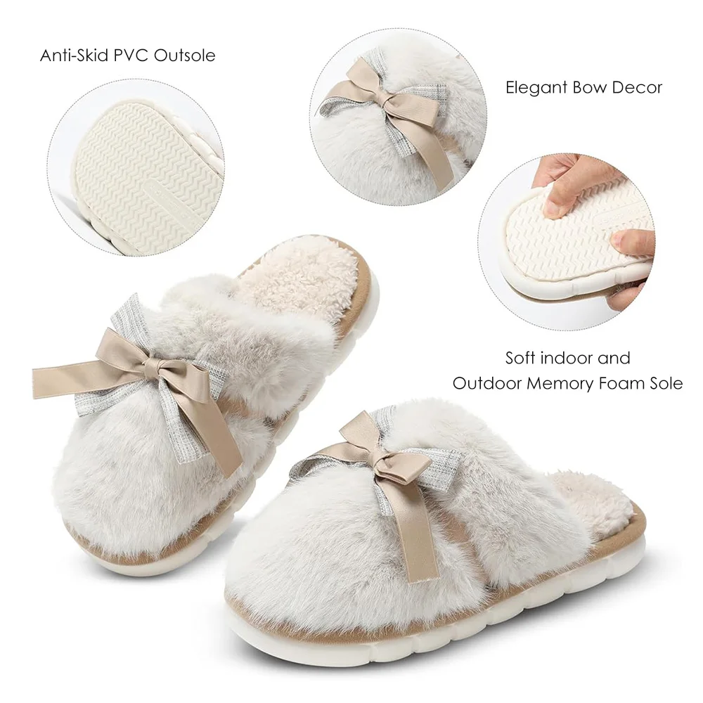 Memory Foam House Slippers with Butterfly Tie for Women Fuzzy Plush Comfy Faux Fur Slippers Anti-Skid Indoor Outdoor Slippers