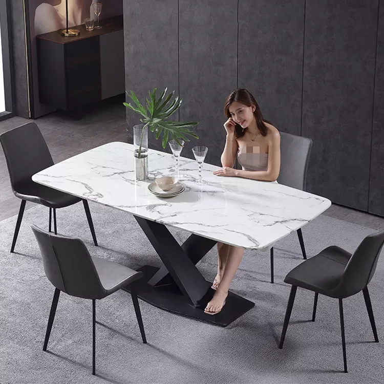Dining Table with Stainless Steel Frame Luxury Dinning Table Set Modern Marble Dining Room Rectangle Table