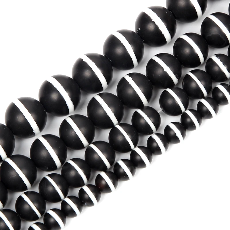 Matte Black Agate White Line Onyx Beads Round Loose Natural Stone Beads For Jewelry Making DIY Bracelets Handmade