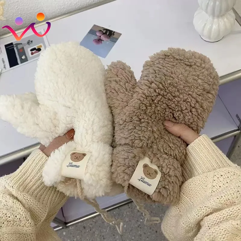Warm Soft Winter Thick Fingerless Korean Japanese Bear Gloves with Ropes Casual Outdoor Riding Mittens Kawaii Plush Warm Gloves