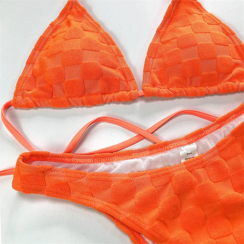 Double Shoulder Straps Checkered Swimwear, Tie Side High Cut Triangle Two Piece Swimsuit/
