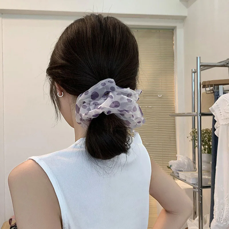 Fashion Summer Purple Polka Dot Mesh Women Hair Tie Elegant Shiny Lace Hair Scrunchies Girls Hair Accessories