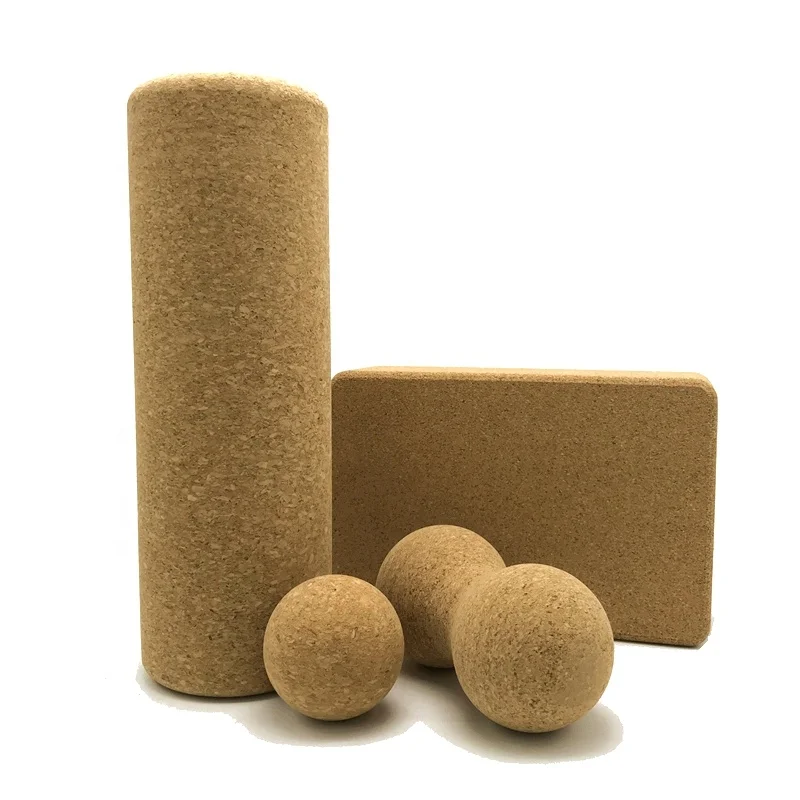 High-end delicate cork material yoga massage set with yoga foam roller block and massage ball