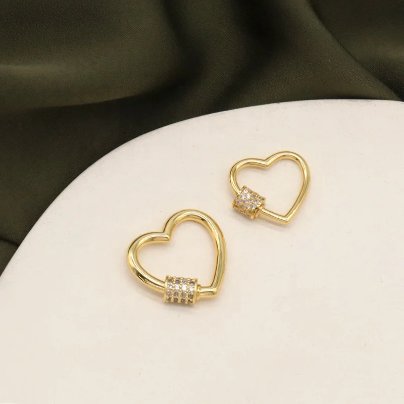 Customized DIY Connector Clasp Lock Heart Charm CZ Gold Plated Screw Carabiner Heart Clasp For Women Bracelet Necklace Making