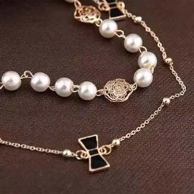 European and American fashion chain long paragraph autumn and winter multilayer bow  pearl necklace