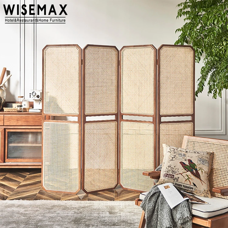 WISEMAX FURNITURE Indoor furniture elegant folding design screen solid wood frame rattan partition screen