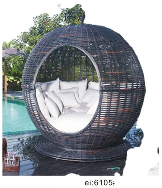 Apple round garden patio cabana wicker plastic canopy sunbed resort rattan UV resist day bed with cushion