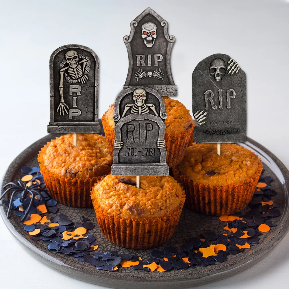 8pcs Halloween Cake Decorations Tombstones Graveyard Cupcake Toppers for Halloween Party Supplies