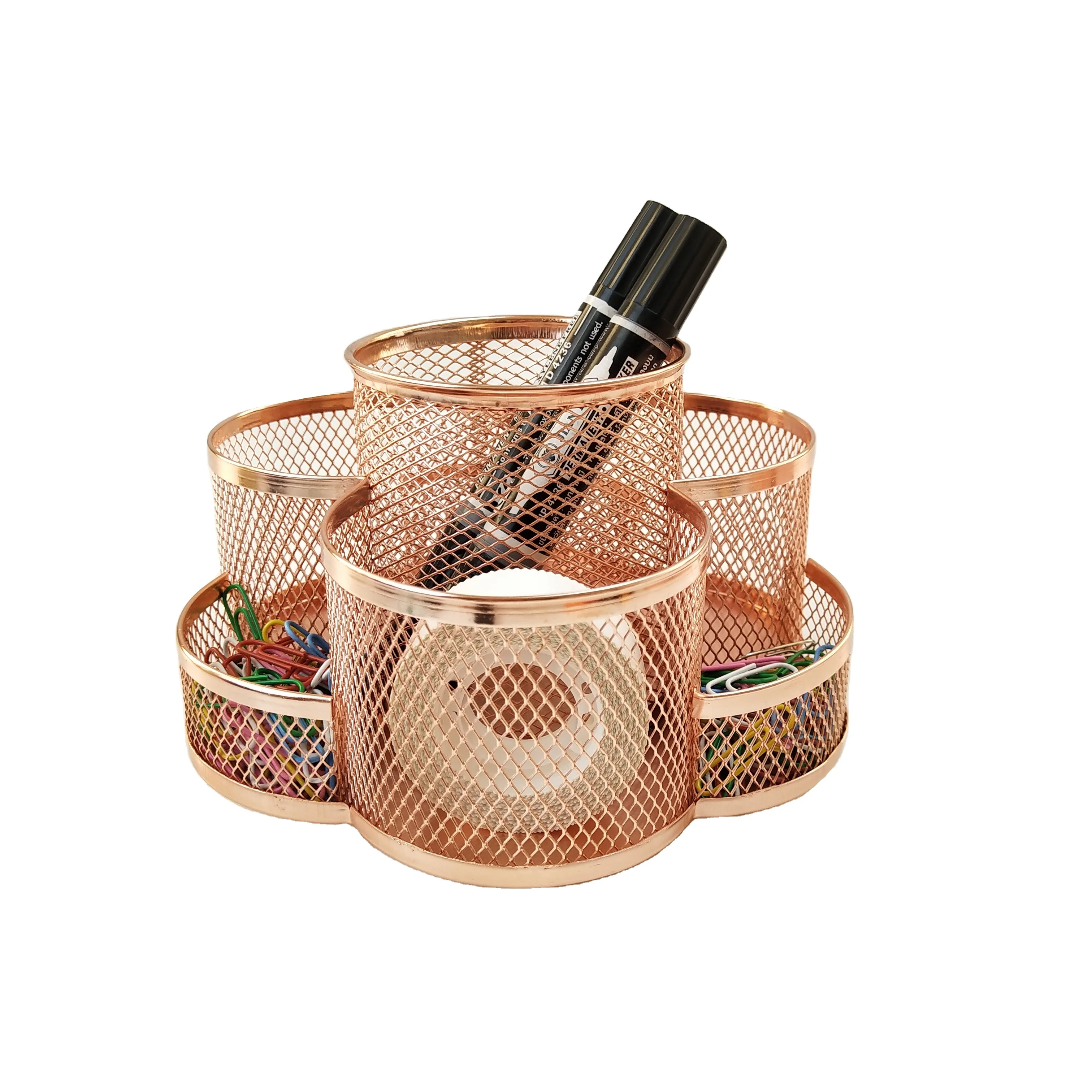 Stationary Accessories Multi-functional Metal Mesh Rose Gold Round Rotating Base Pen Stand Desk Organizer Pencil Pen Holder