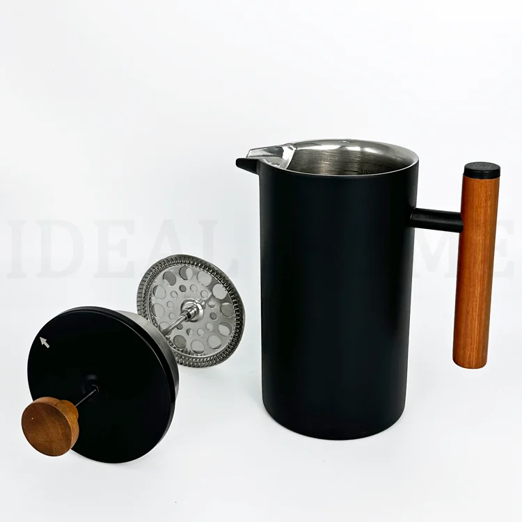 304 Grade Stainless Steel Insulated Coffee Press 34oz (1 Litre) Black French Press Coffee Maker with Wooden Handle