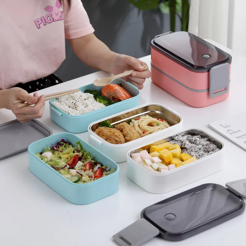 
Eco-Friendly Stackable Reusable PP Plastic Bento Lunch Box Two Layer Compartments Portable stainless steel 304 inner 