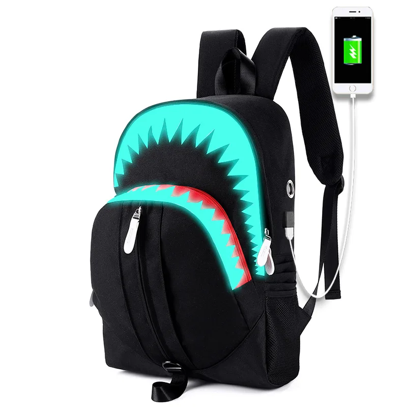 Polyester USB Charging Waterproof Luminous Bag School Back Pack Boys Shark Mouth Reflective Stylish Laptop Backpack