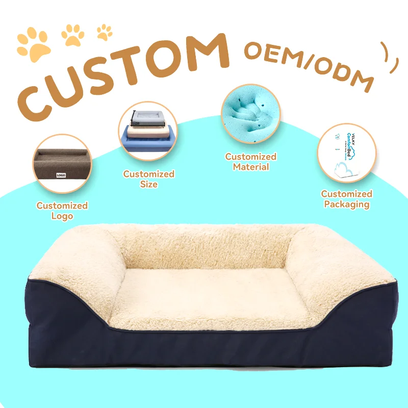 Custom Durable luxury large dog sofa bed Waterproof Soft Sherpa memory foam orthopedic Dog pet Bed washable cover