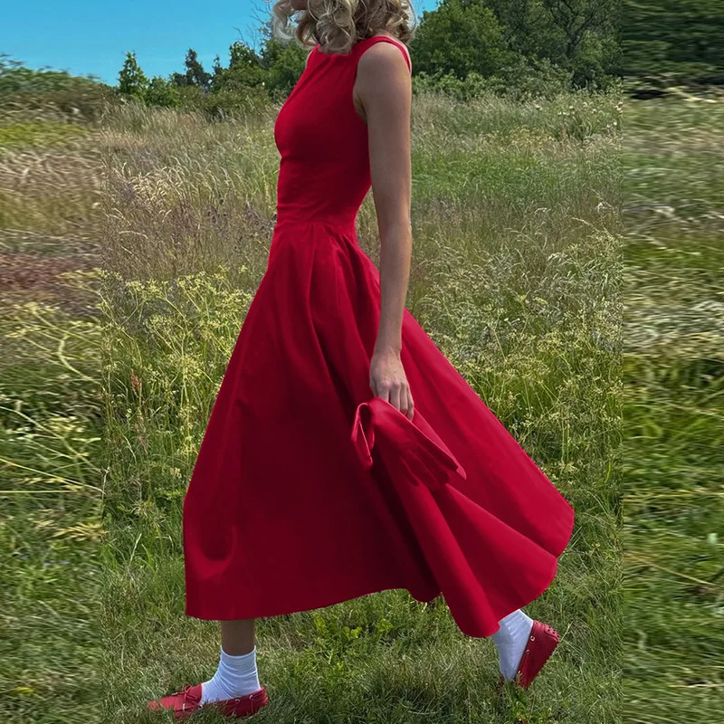 casual red dresses women 2024 summer dress ladies chic sleeveless backless sun dress